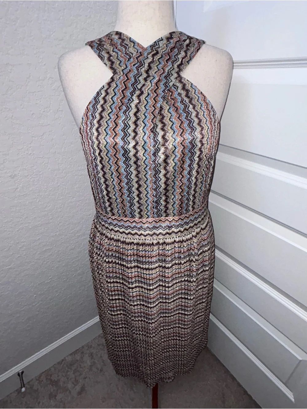 New, RACHEL Rachel Roy Metallic Zig Zag Chevron Print Criss Cross Halter Dress